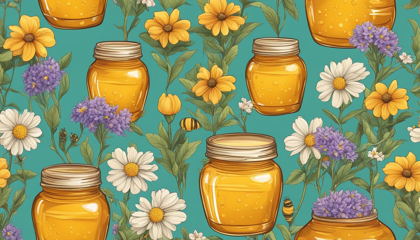 A jar of honey surrounded by vibrant, blooming flowers and buzzing bees