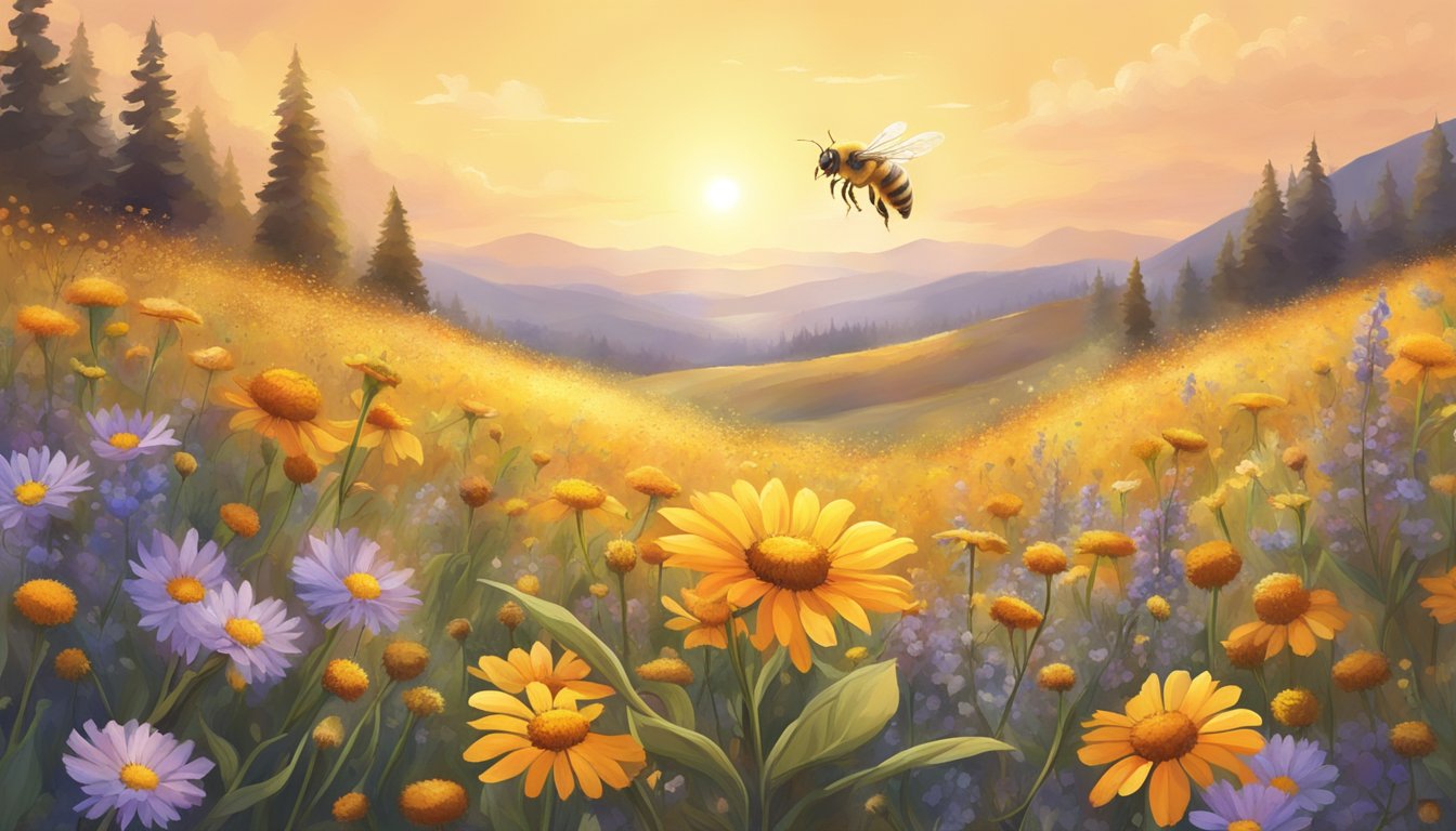 A honey bee gathering nectar from a vibrant field of wildflowers, surrounded by a halo of golden light