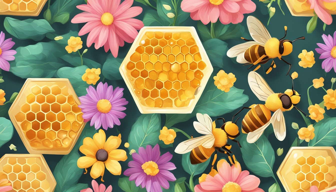 A honeycomb surrounded by vibrant, blooming flowers, with a beam of sunlight highlighting the golden, sticky honey oozing out