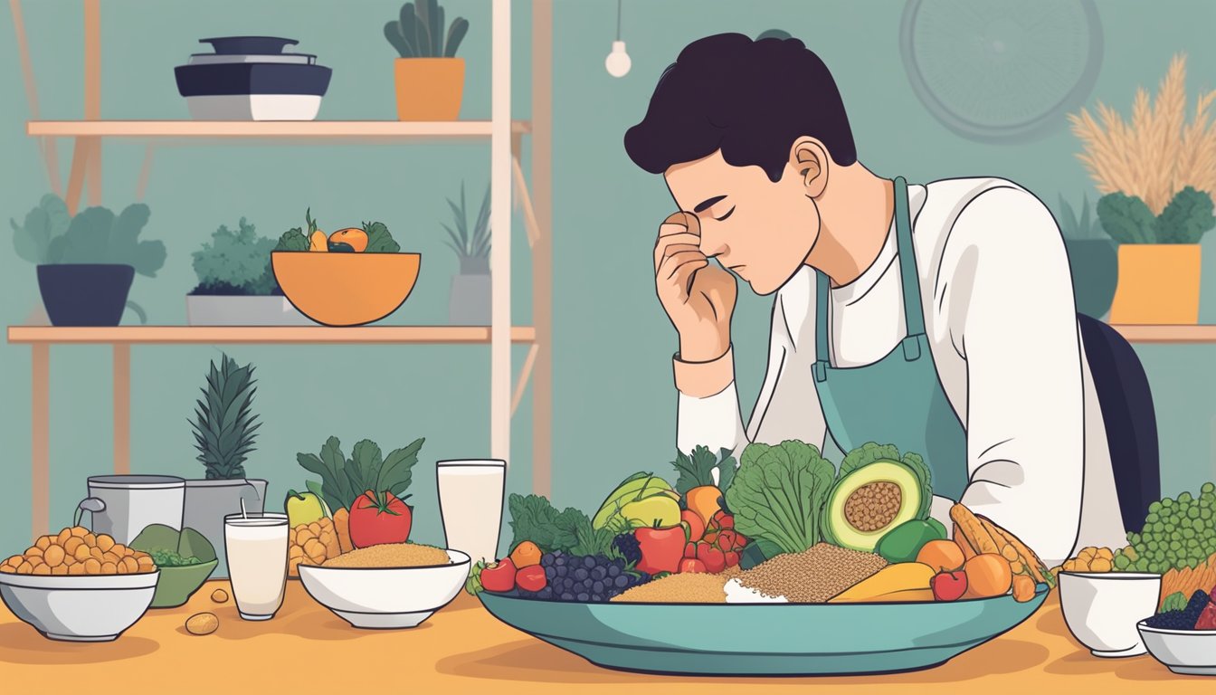 A person eating a balanced meal with fruits, vegetables, and whole grains, while a migraine headache fades away in the background