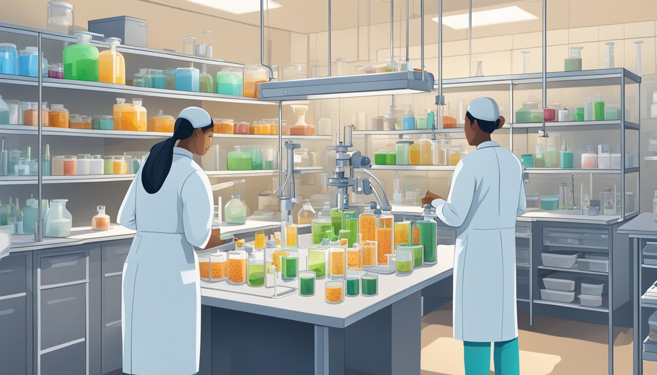 A laboratory setting with researchers conducting experiments on various food items and monitoring the effects on models of inflammatory bowel disease