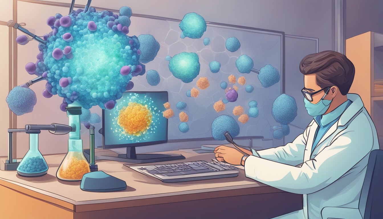 A scientist observing a thyroid gland and immune cells interacting with selenium molecules