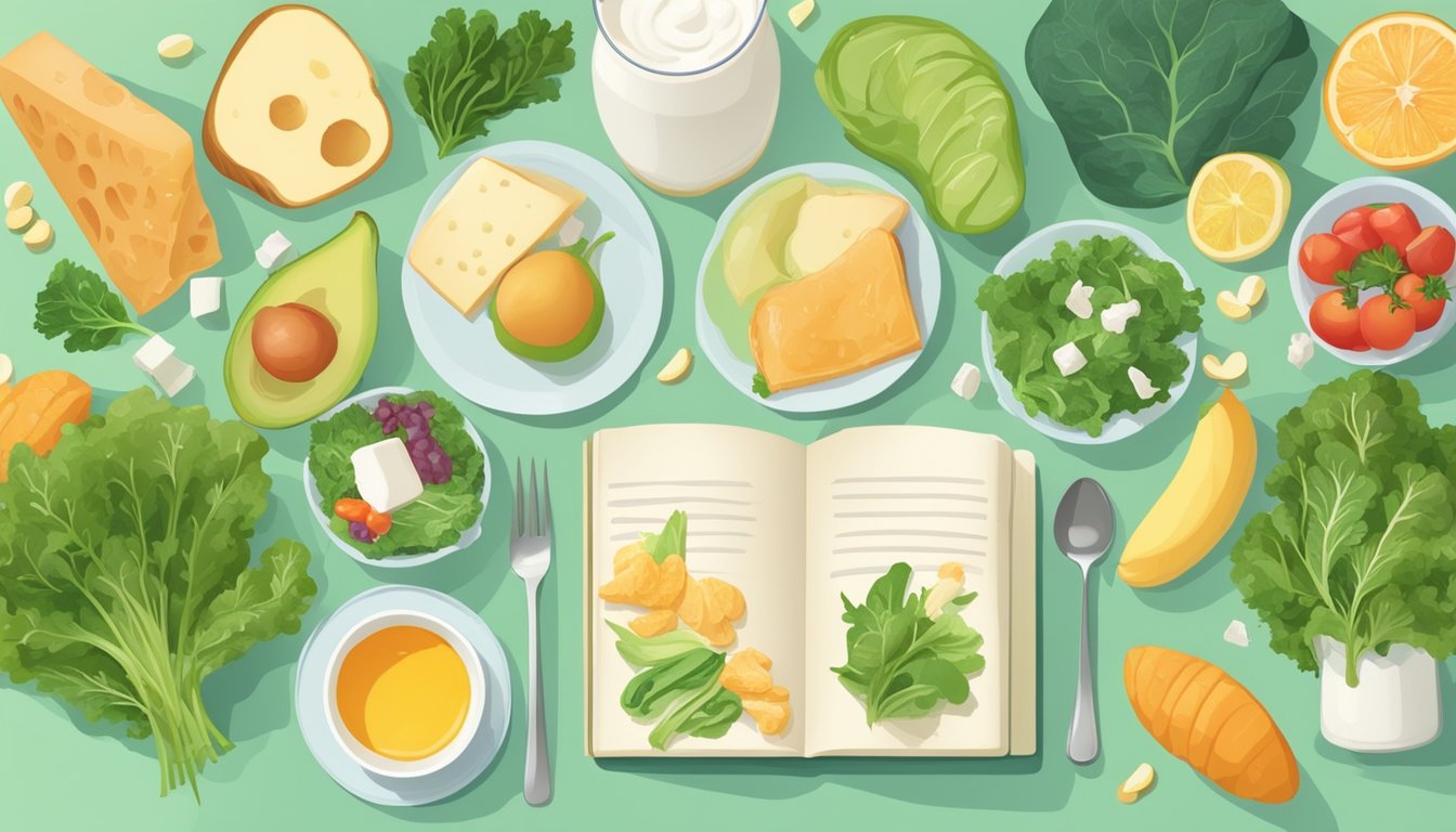 A table with a variety of foods rich in calcium and vitamin D, surrounded by leafy greens and dairy products. A woman in menopausal age reads a book on nutrition