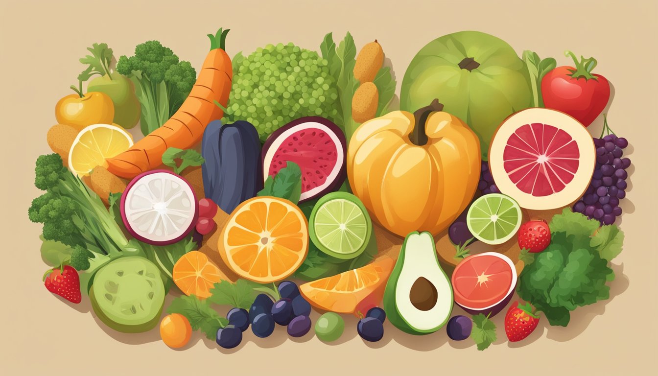 A colorful array of fruits, vegetables, and whole grains arranged on a table, with a heart-shaped symbol in the center