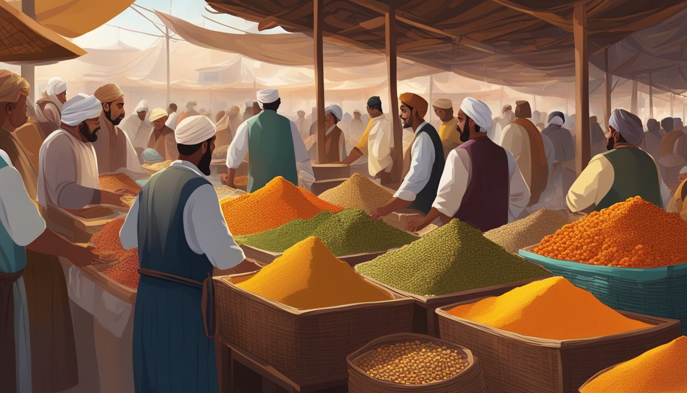 A bustling market with colorful spices piled high in baskets, surrounded by merchants and customers. The air is filled with the rich, exotic aroma of cinnamon, saffron, and cardamom