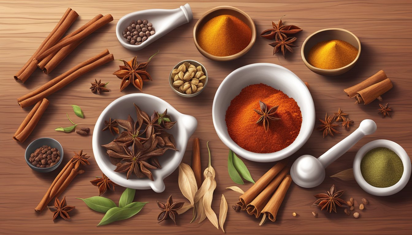 A variety of spices scattered on a wooden table, including cinnamon sticks, whole cloves, and dried chili peppers, with a mortar and pestle nearby