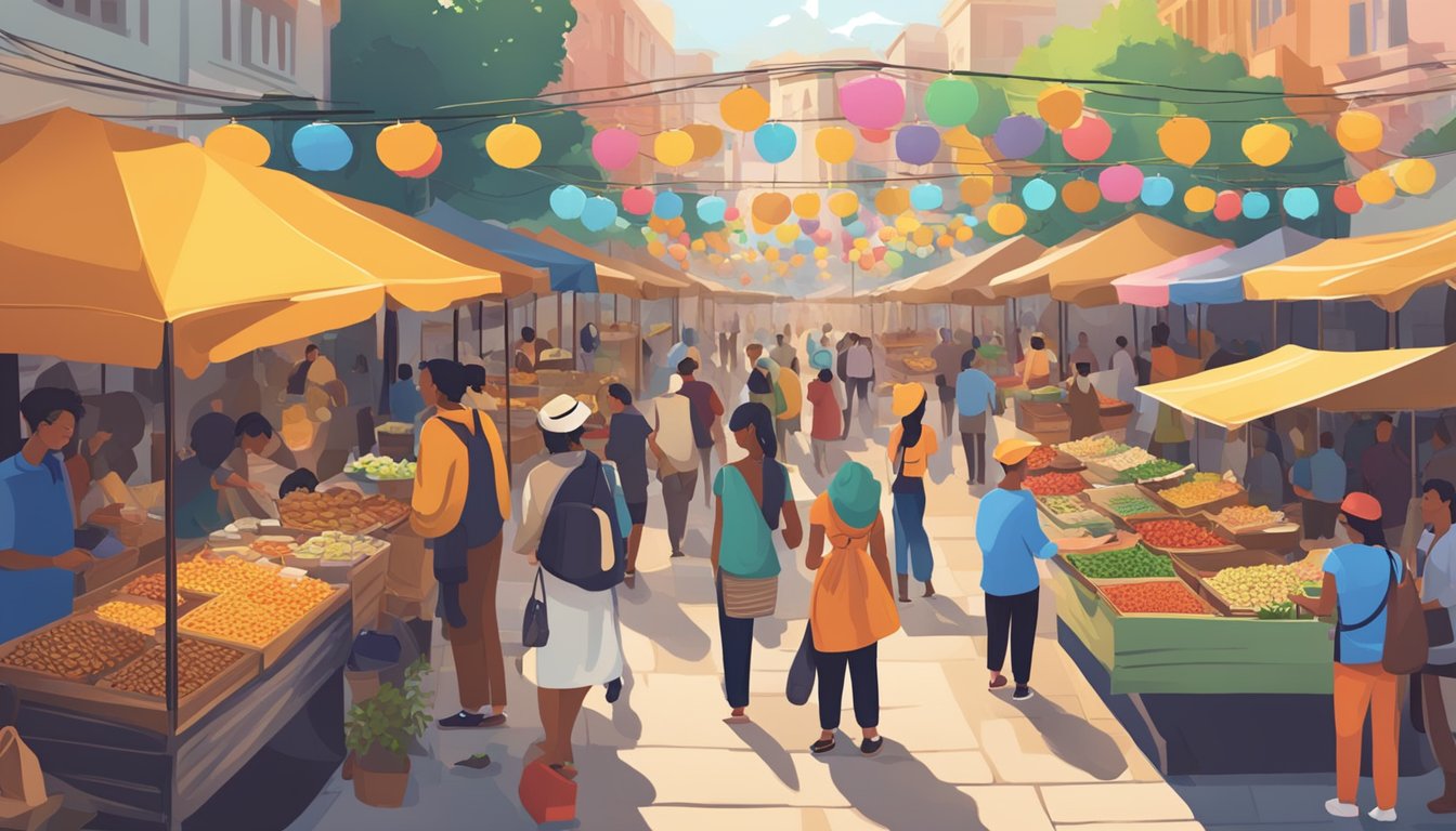 A bustling open-air market with colorful stalls and diverse food vendors. Customers sample exotic dishes and engage in lively conversations