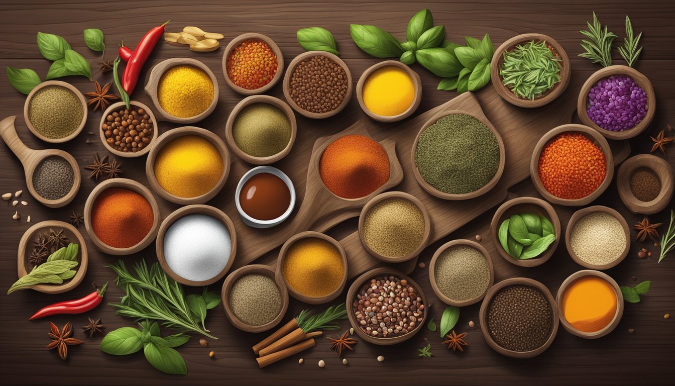 A colorful array of spices, herbs, and condiments arranged on a wooden cutting board