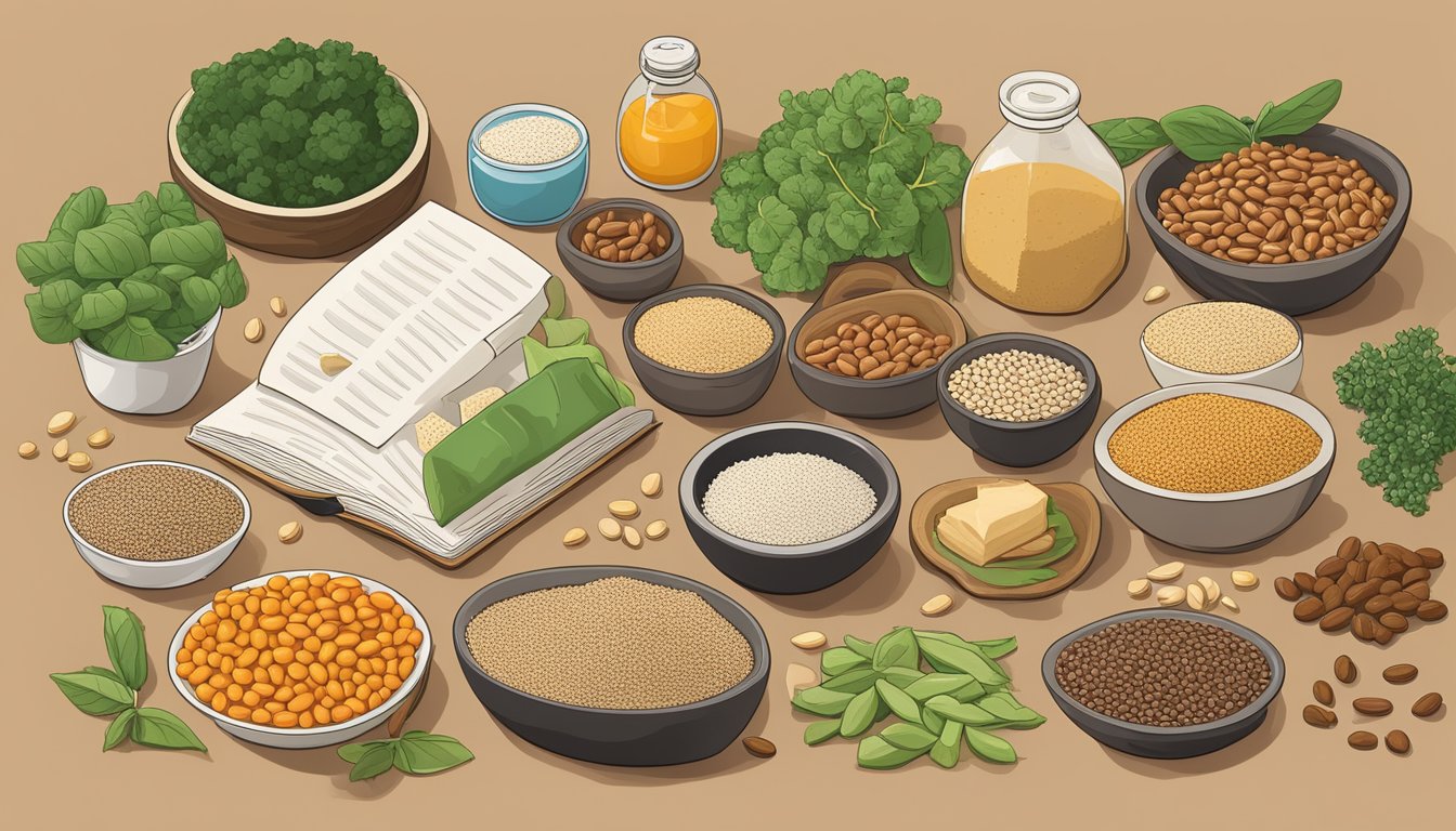 A variety of plant-based protein sources arranged on a table, including beans, lentils, tofu, quinoa, and nuts. An open book on nutrition sits nearby