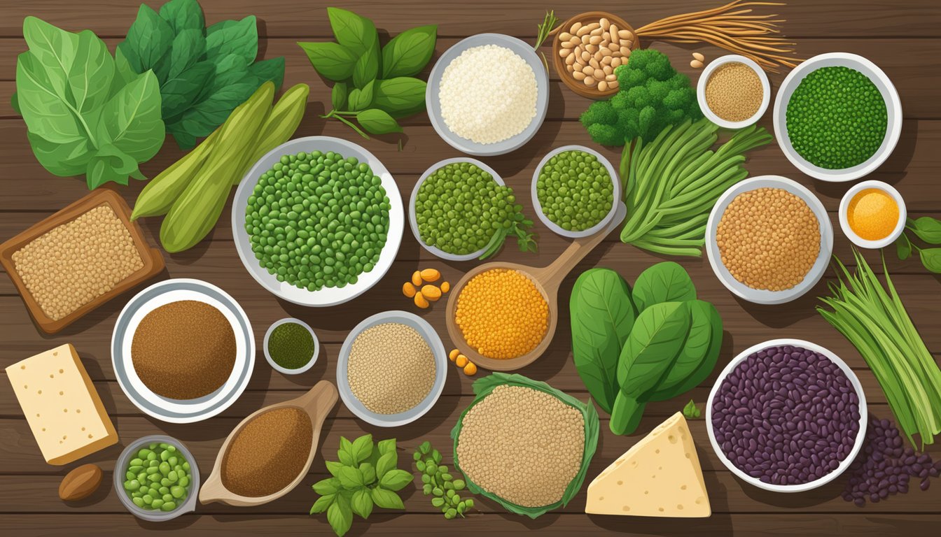 A diverse array of plant-based protein sources, such as beans, lentils, quinoa, and tofu, arranged on a wooden table with vibrant green foliage in the background