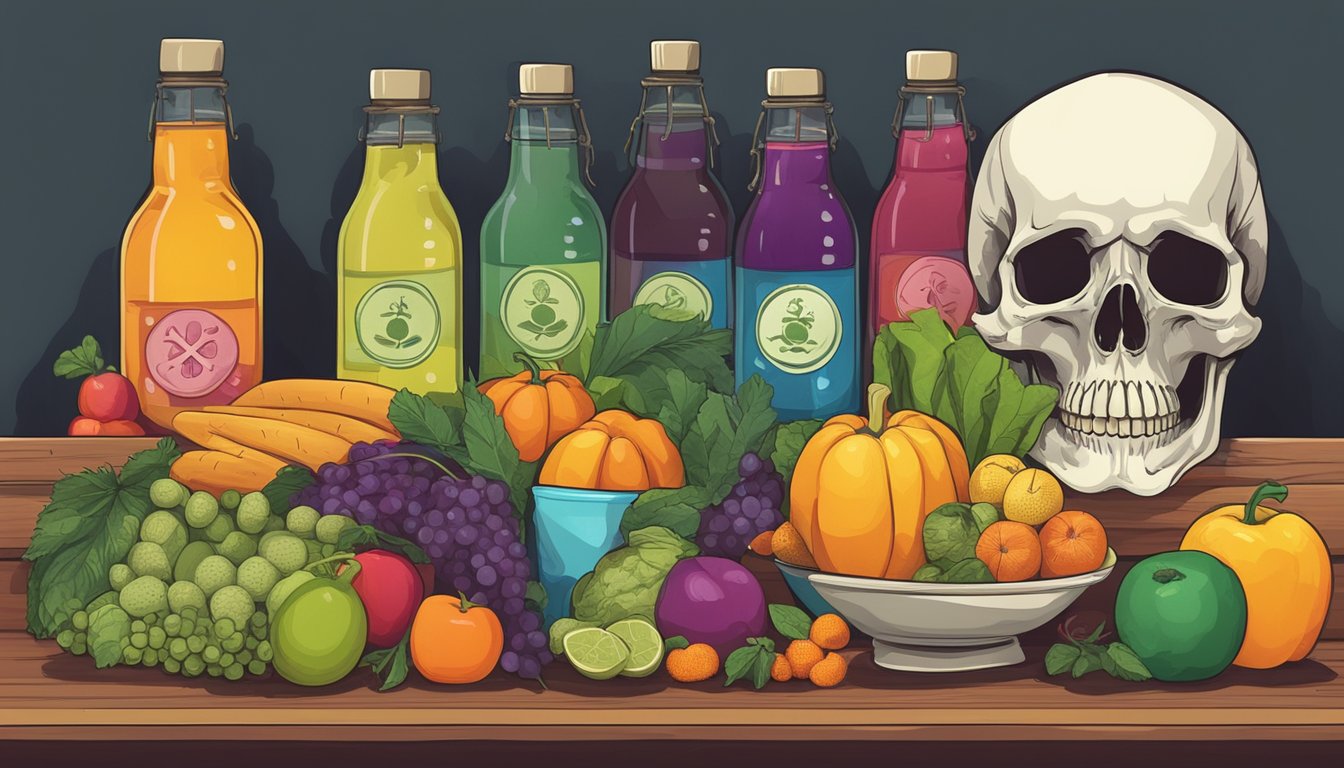 A table filled with colorful fruits and vegetables, a bottle of detox tea, and a warning sign with a skull and crossbones symbol