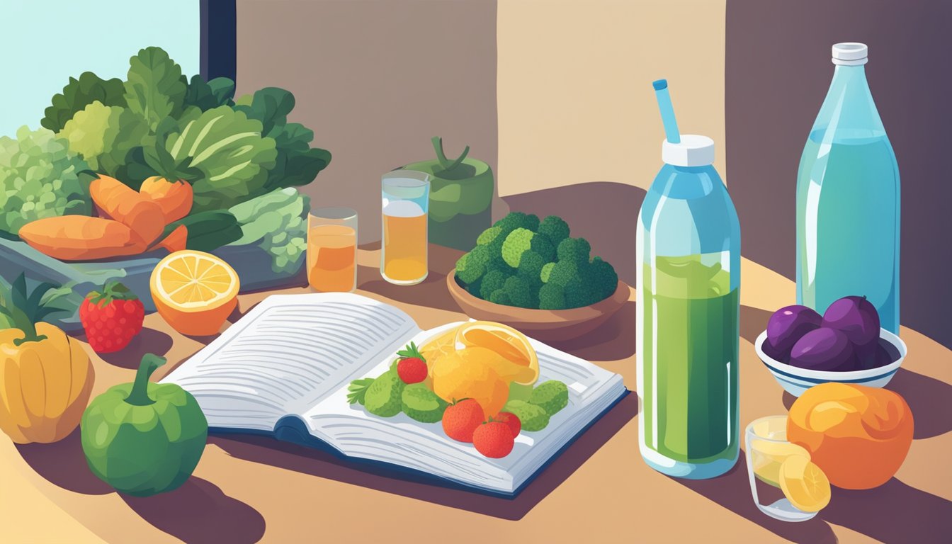 A table filled with colorful fruits and vegetables, a glass of water, and a bottle of supplements. A person is seen reading a book about detox diets