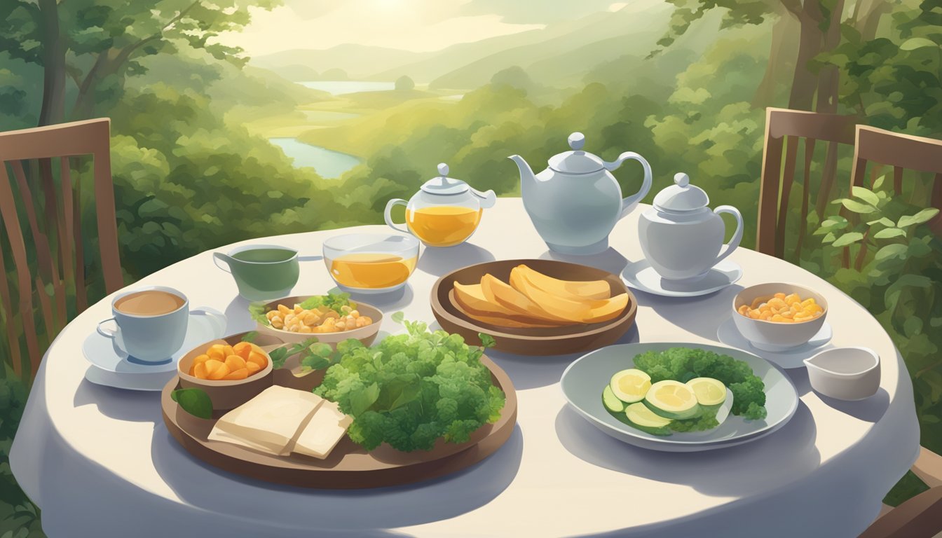 A serene setting with a table of balanced meals, calming teas, and supplements, surrounded by nature and sunlight