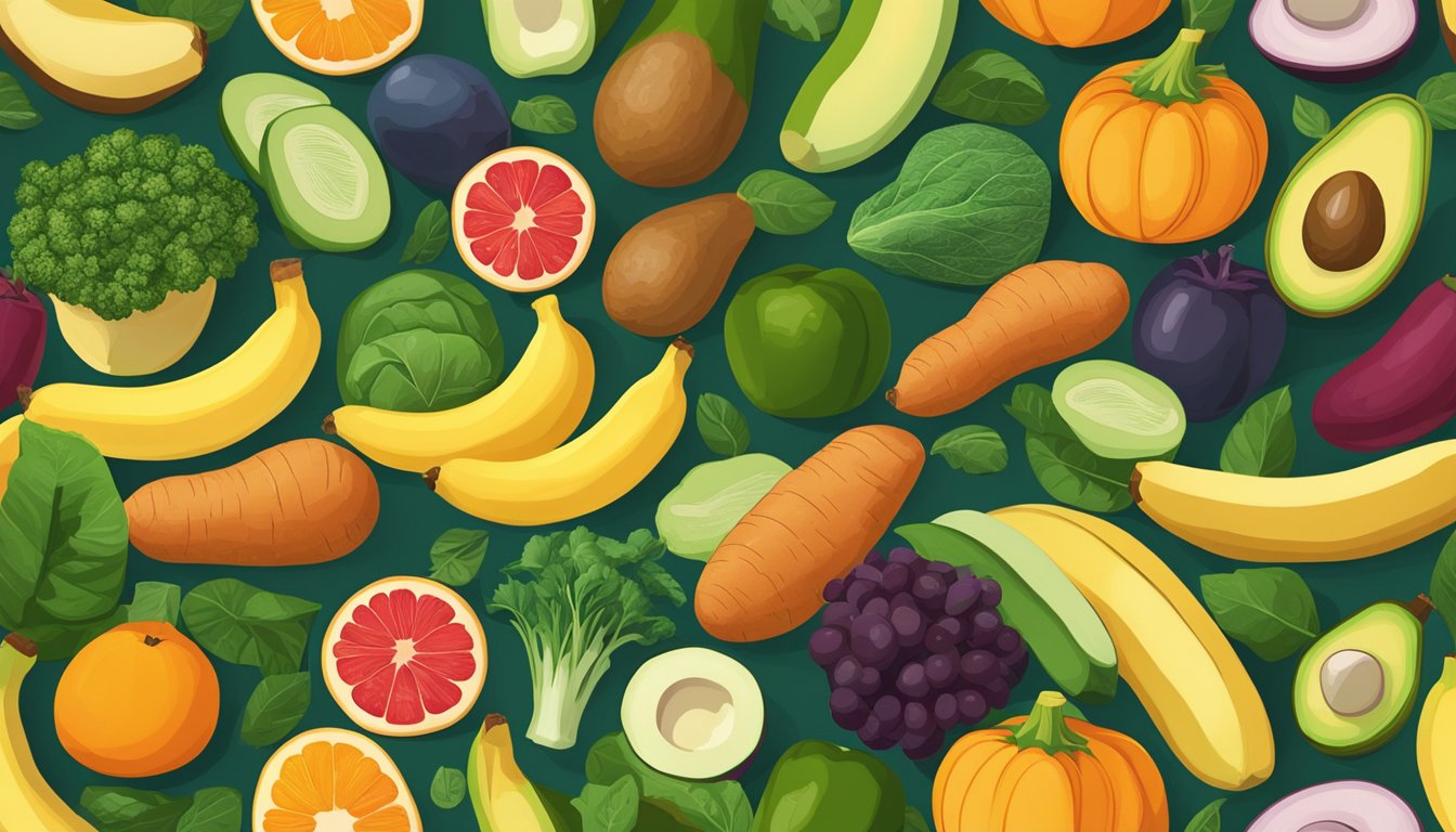 A colorful array of potassium-rich fruits and vegetables arranged in a bountiful display. Bananas, sweet potatoes, spinach, and avocados are prominently featured