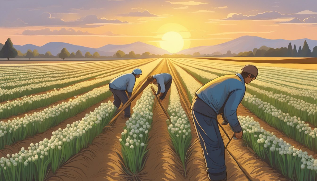 A bountiful field of garlic, stretching to the horizon, with workers harvesting the pungent bulbs under a golden sunset