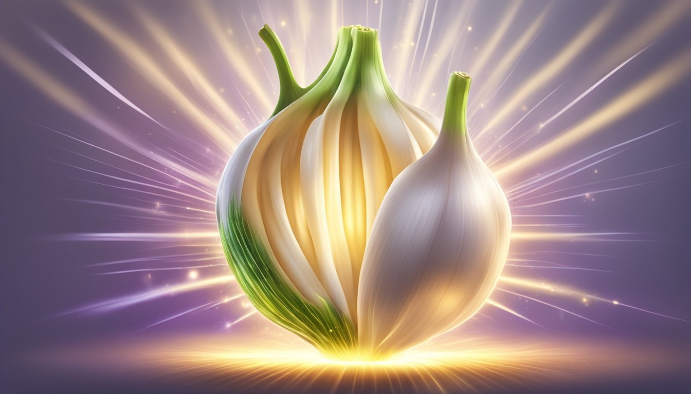 A vibrant garlic bulb surrounded by glowing rays of energy and small particles of light, symbolizing its powerful antioxidant properties