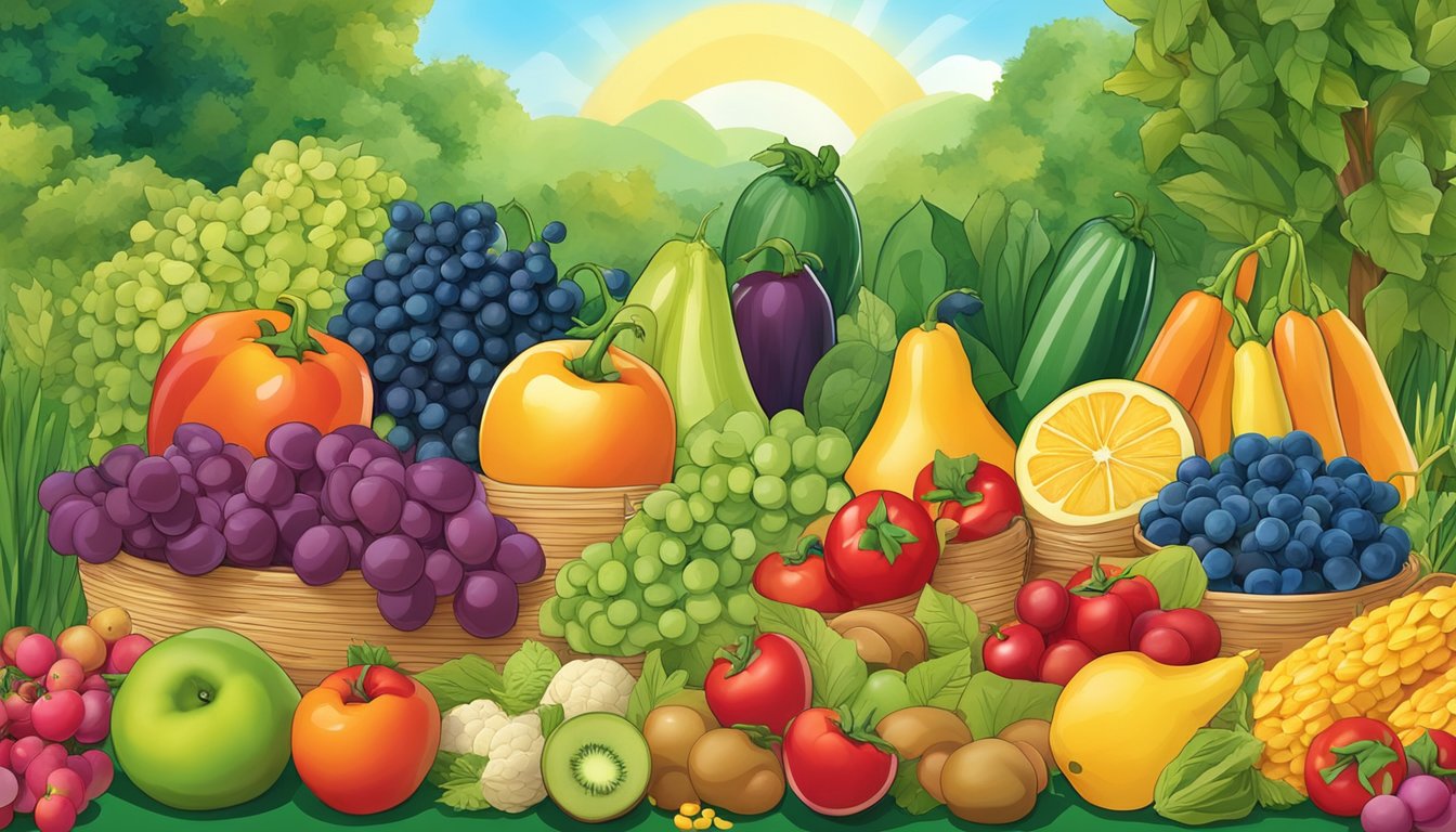 A vibrant garden with an array of colorful fruits, vegetables, and whole grains arranged in a bountiful display, surrounded by a backdrop of lush greenery and a clear blue sky