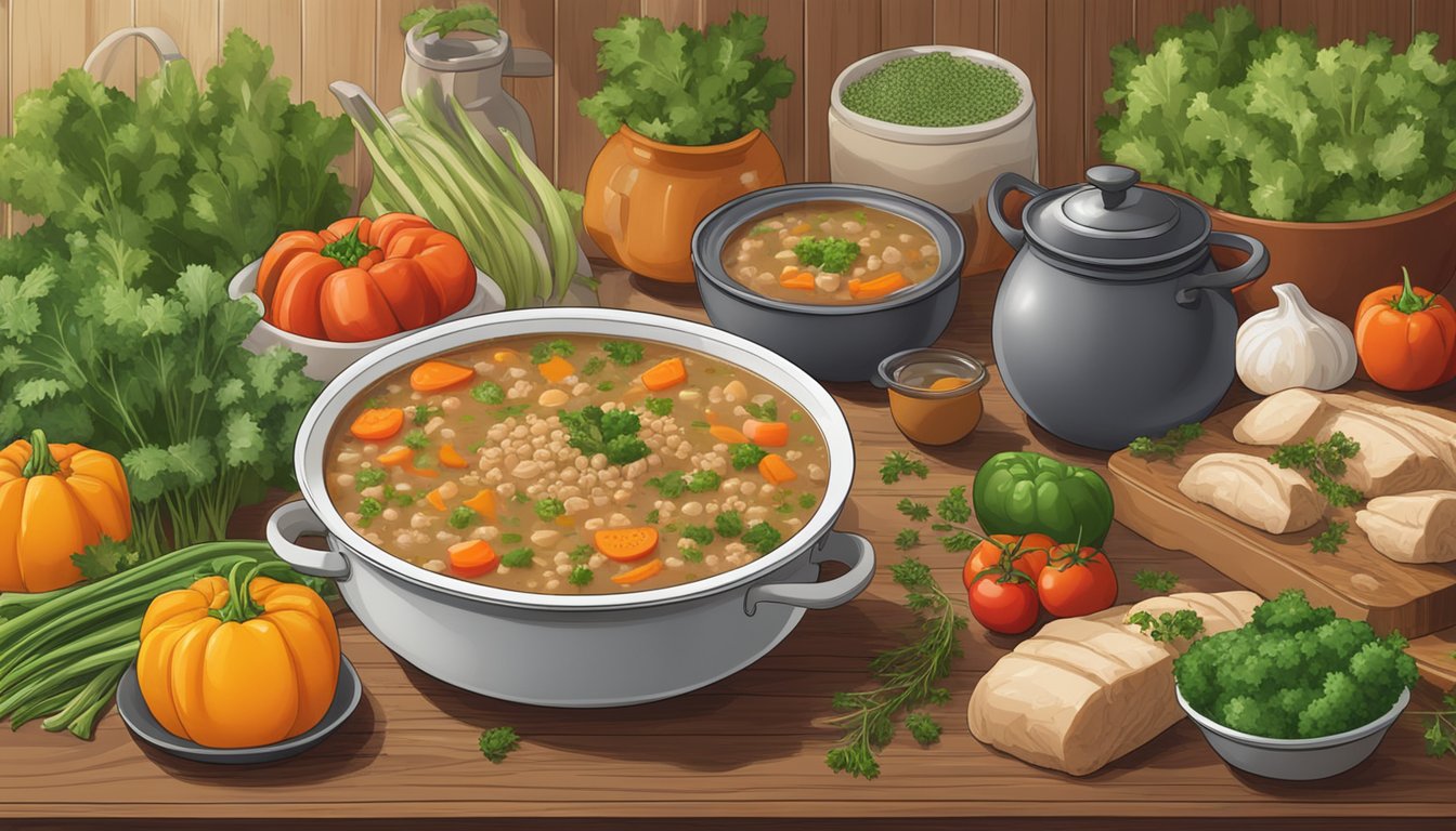 A simmering pot of turkey quinoa soup surrounded by fresh vegetables and herbs on a wooden kitchen counter