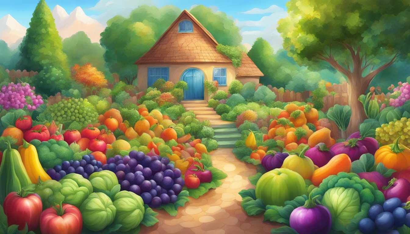 A vibrant garden bursting with colorful fruits and vegetables, surrounded by a glowing aura of protection