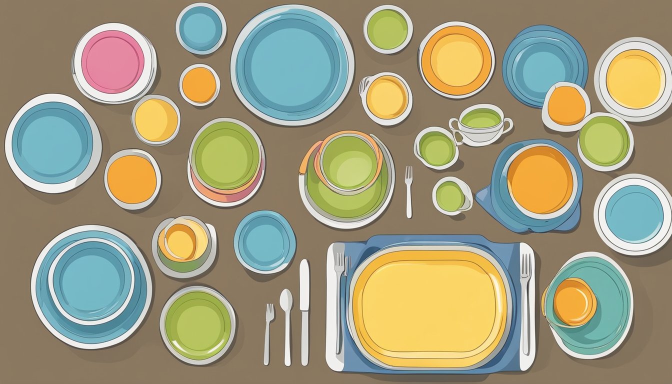 A table with colorful plates and bowls in varying sizes, labeled with age ranges from infancy to adulthood. Each dish contains appropriate portion sizes for different age groups