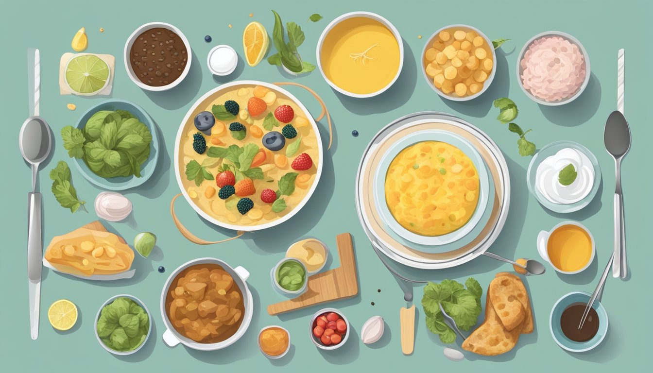 A table with various portion sizes of food arranged by age groups, surrounded by measuring cups and spoons