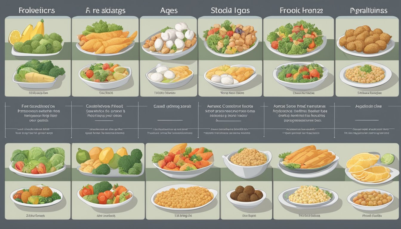 A table with labeled sections for different age groups, each section showing appropriate serving sizes for various food groups