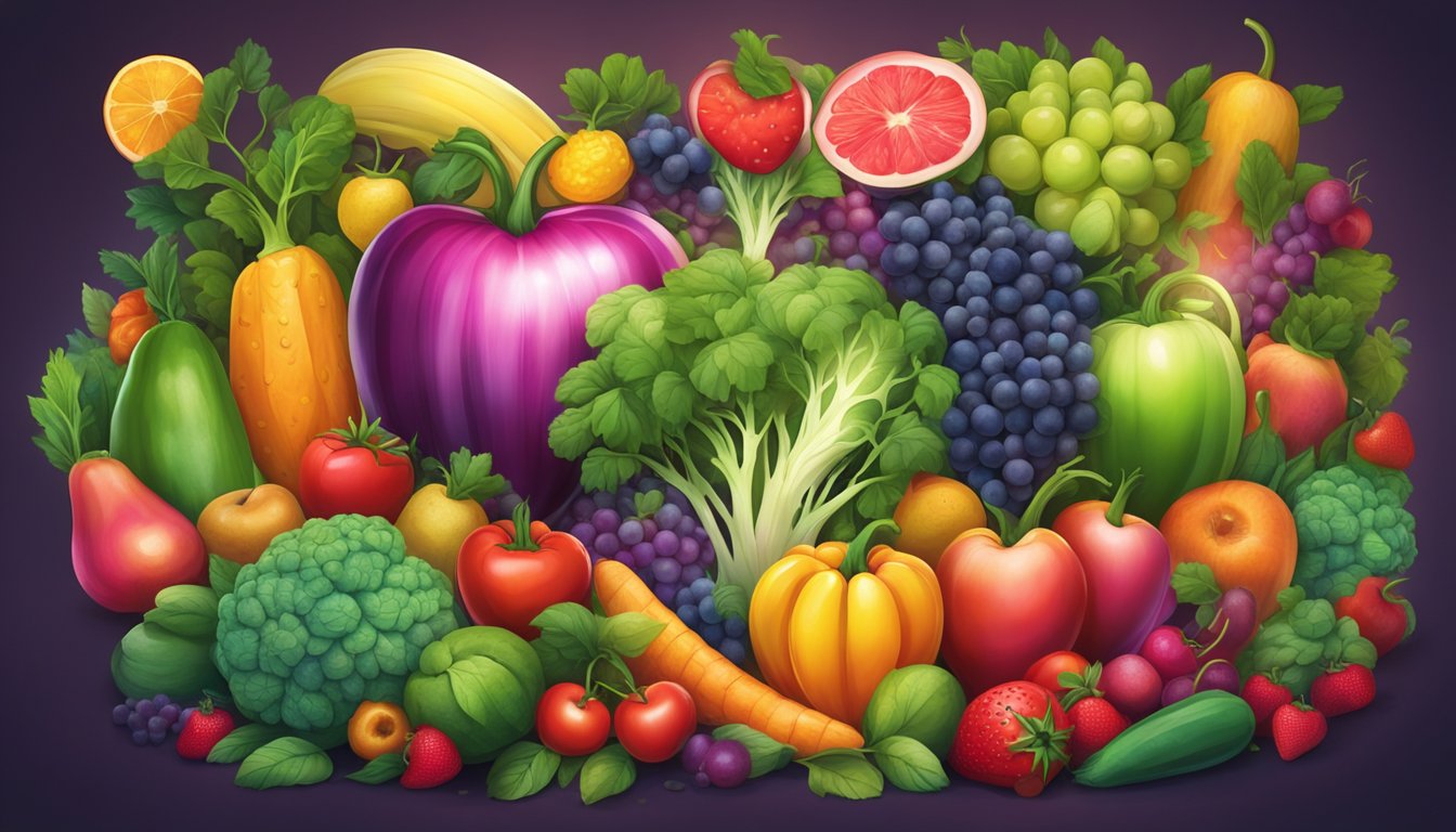 A vibrant garden of colorful fruits and vegetables, surrounded by a glowing aura, with a heart and a metabolic system intertwined at the center