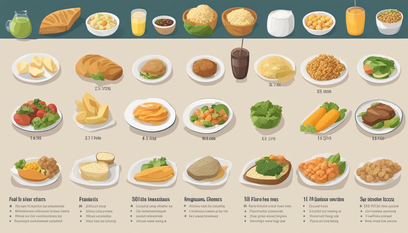 A table with various food items portioned out into different serving sizes, labeled with age groups