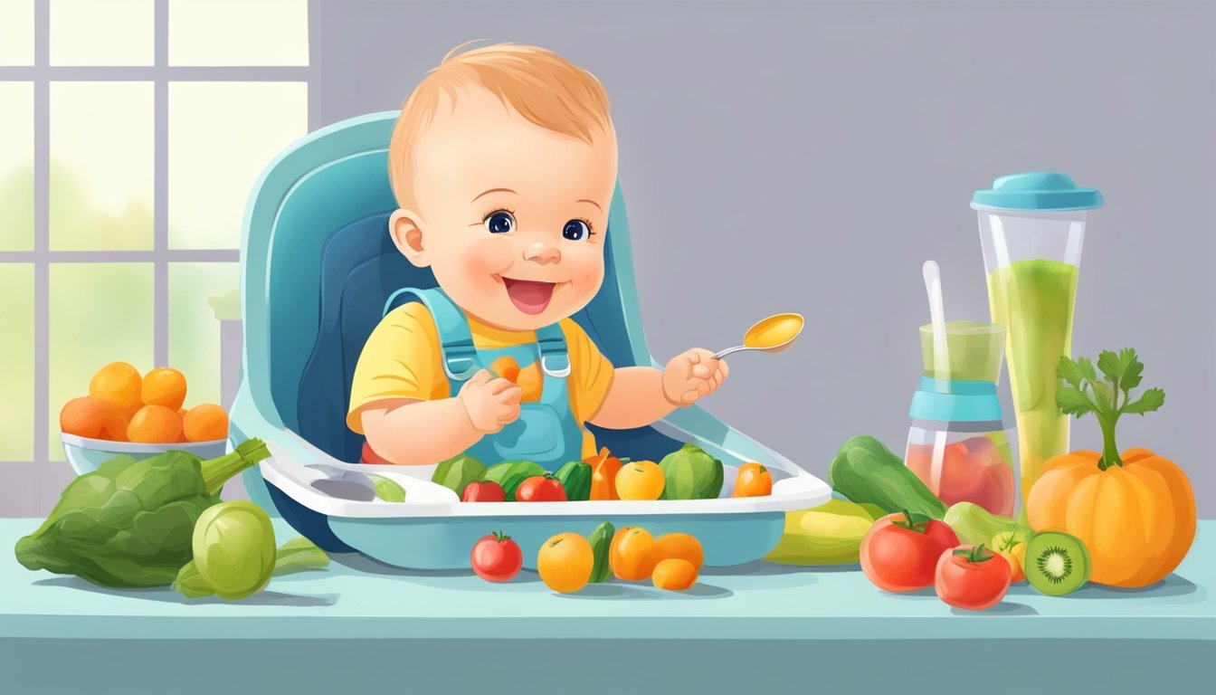 A smiling baby sitting in a high chair with various pureed fruits and vegetables on the table in front of them. A parent is feeding the baby with a small spoon