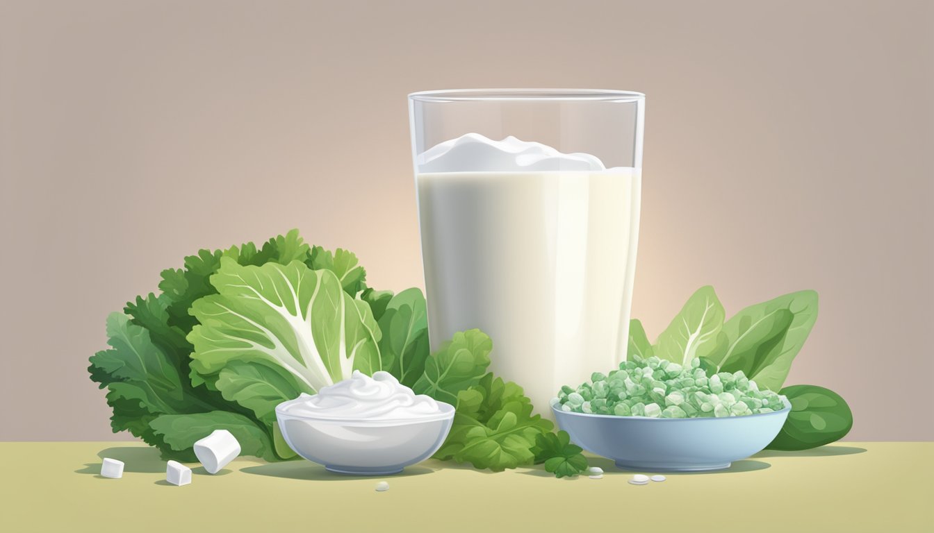 A glass of milk sits next to a pile of leafy greens and a bowl of yogurt, all surrounded by a scattering of calcium supplements