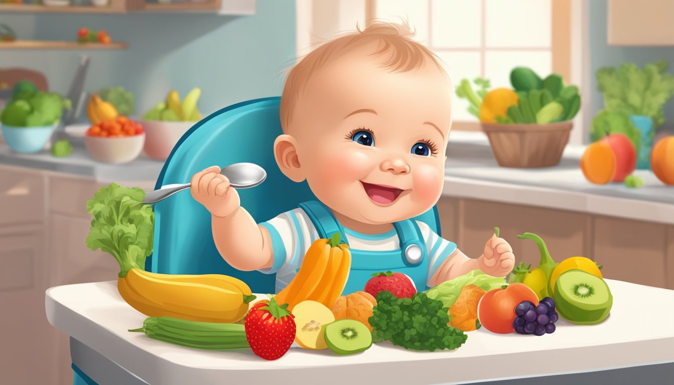 A smiling baby sitting in a high chair, surrounded by a variety of colorful fruits and vegetables, with a parent or caregiver spoon-feeding them a pureed food