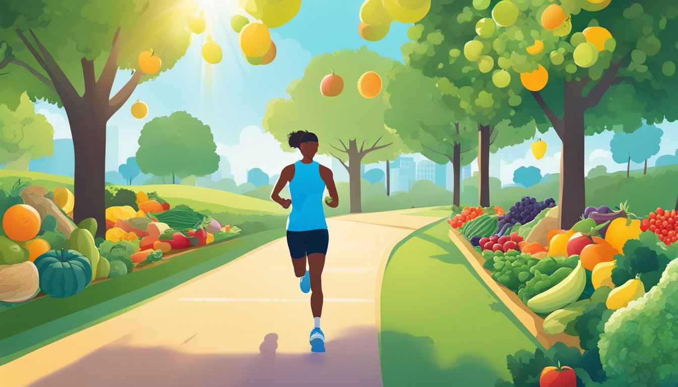 A person jogging through a park, surrounded by colorful fruits and vegetables, with a clear blue sky and sunshine overhead