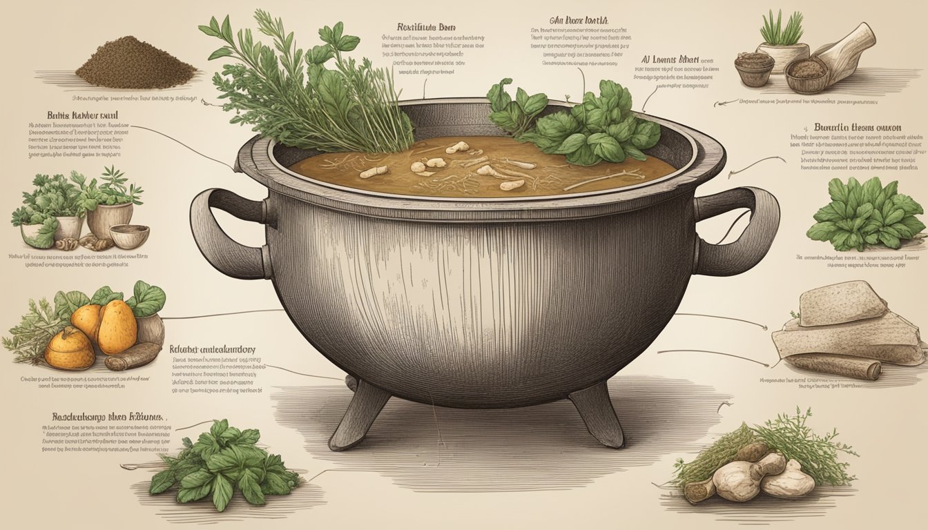 A bubbling cauldron of bone broth surrounded by various herbs and ingredients, with historical texts and diagrams of different bone broth varieties displayed on the walls