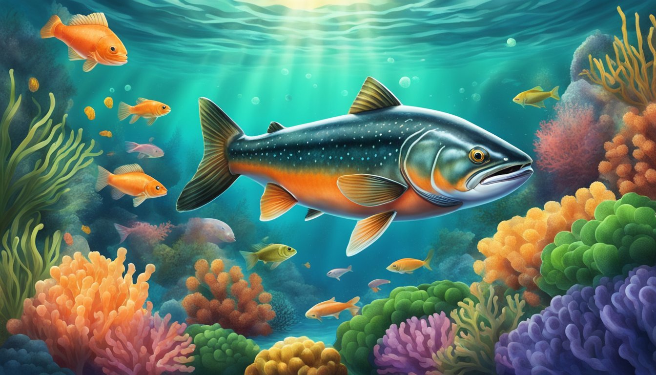 A wild-caught salmon swimming amidst a variety of astaxanthin rich foods, such as shrimp, krill, and algae, in a vibrant underwater environment