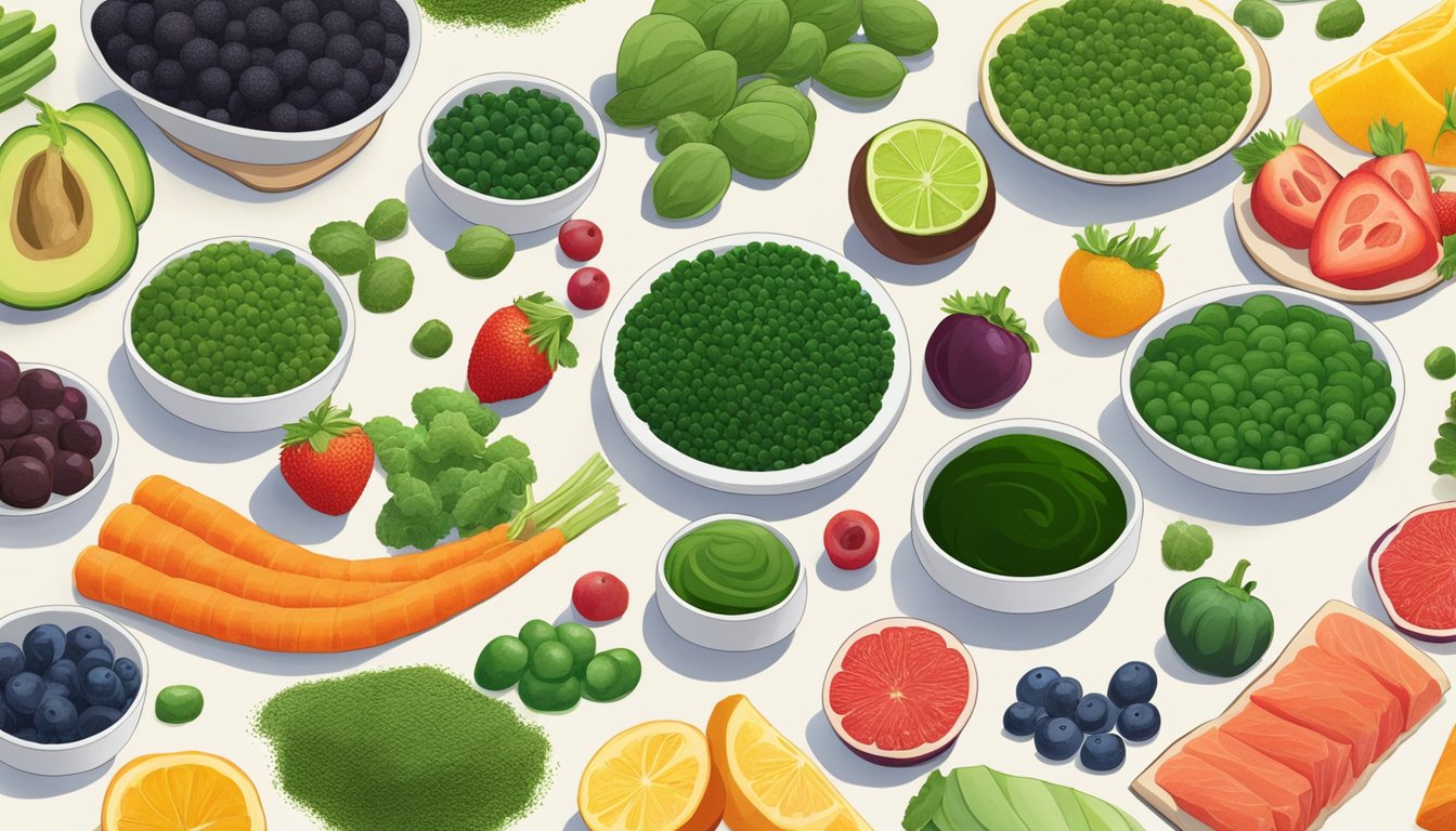 A vibrant array of chlorella and astaxanthin-rich foods displayed on a table, surrounded by colorful fruits and vegetables