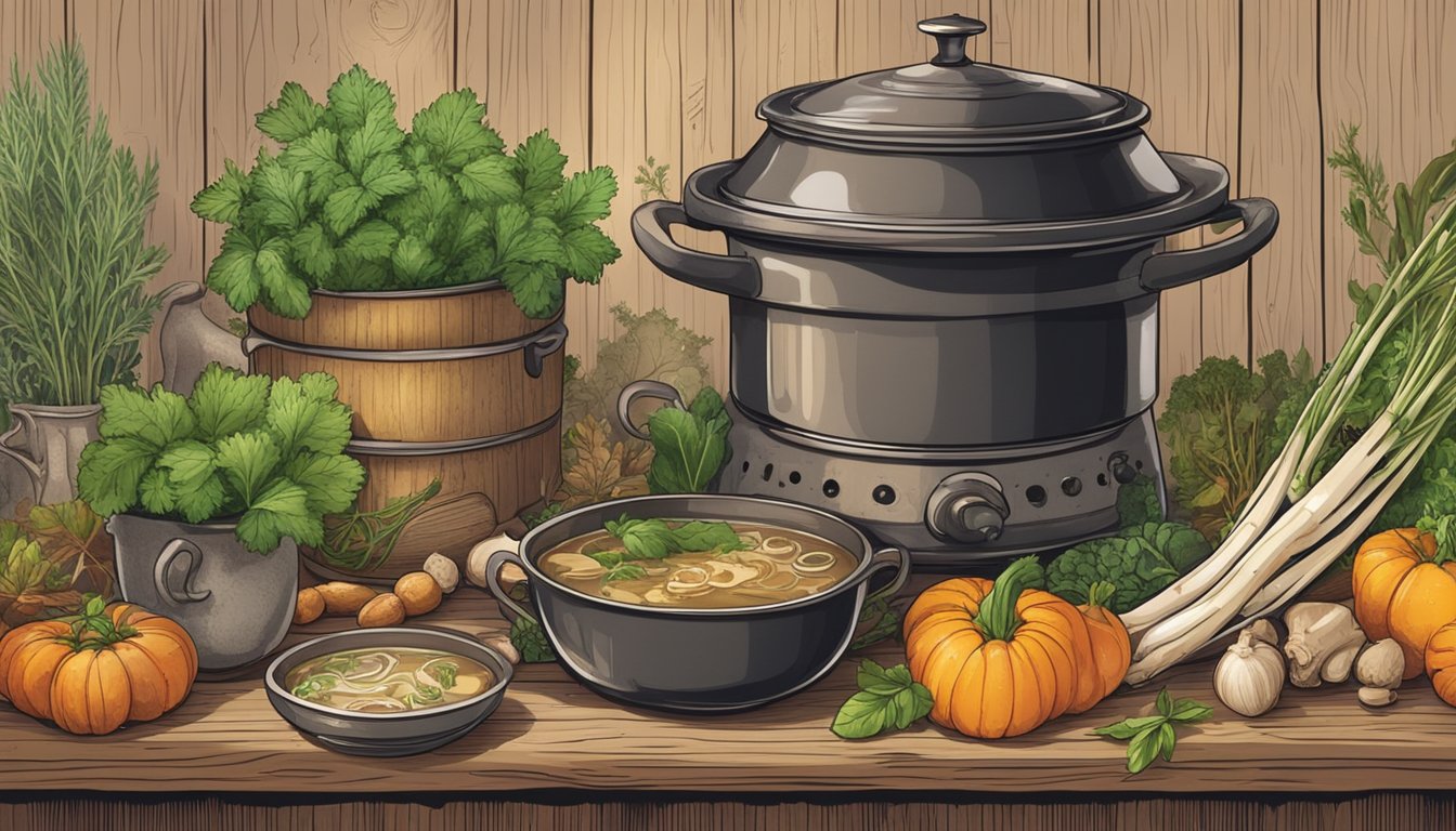 A simmering pot of bone broth surrounded by various herbs, vegetables, and bones on a rustic wooden stove