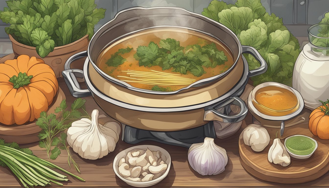 A pot of simmering bone broth surrounded by various vegetables and herbs on a kitchen counter