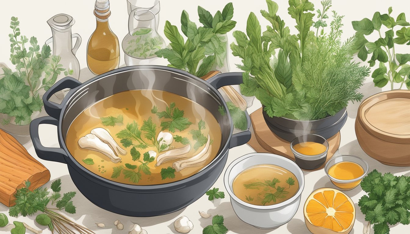 A steaming pot of bone broth surrounded by various ingredients and herbs on a kitchen counter