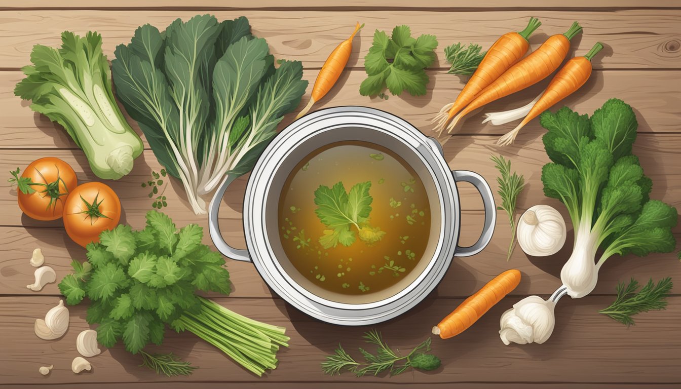 A simmering pot of bone broth surrounded by fresh vegetables and herbs on a rustic wooden table