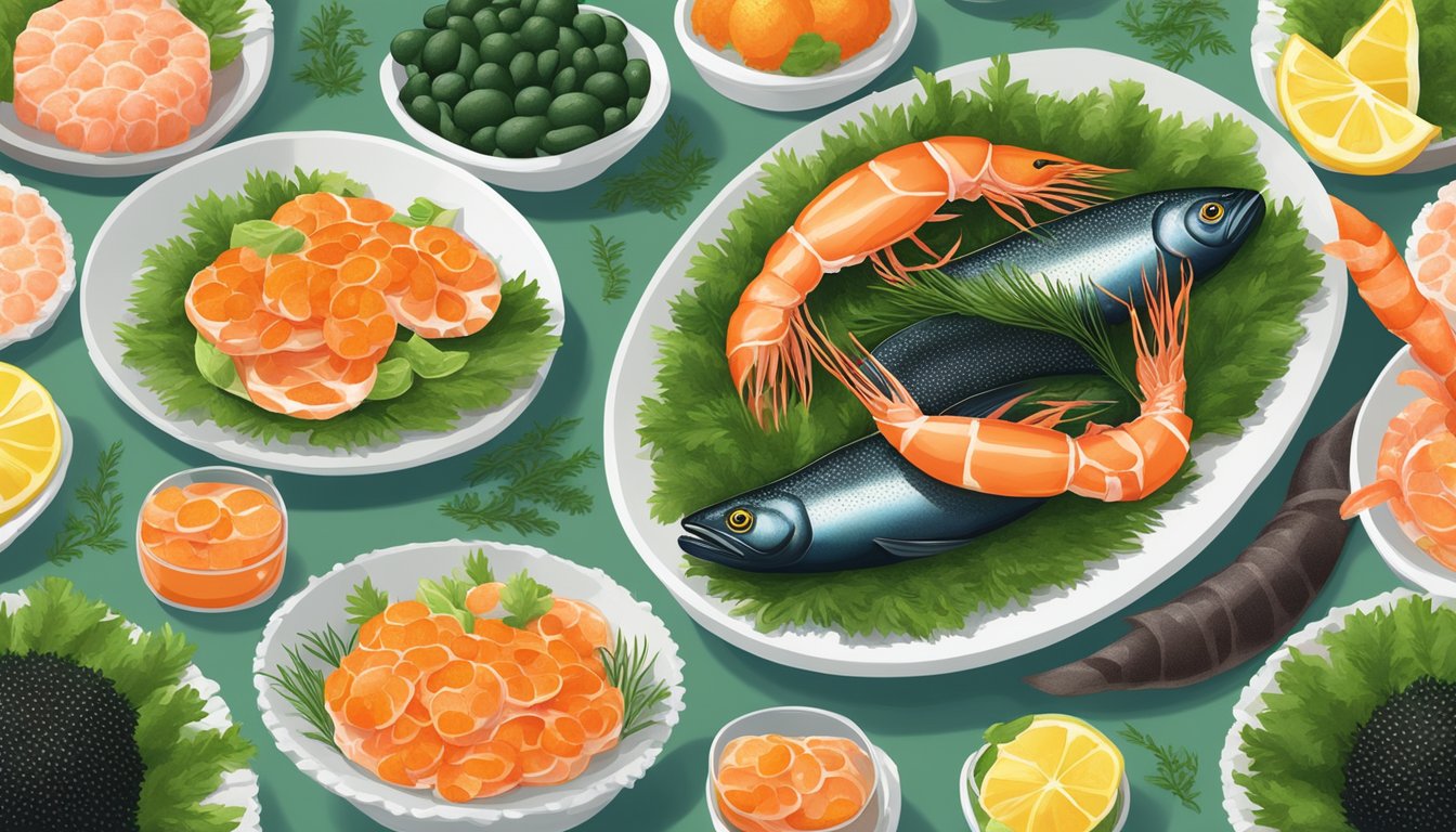 A vibrant display of trout roe surrounded by astaxanthin-rich foods like shrimp, lobster, and salmon, all arranged on a bed of fresh green seaweed