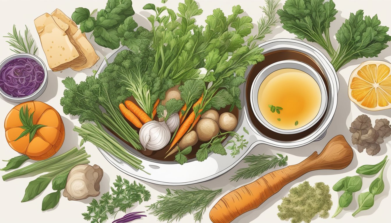 A simmering pot of bone broth surrounded by various herbs and vegetables, emitting a rich and savory aroma