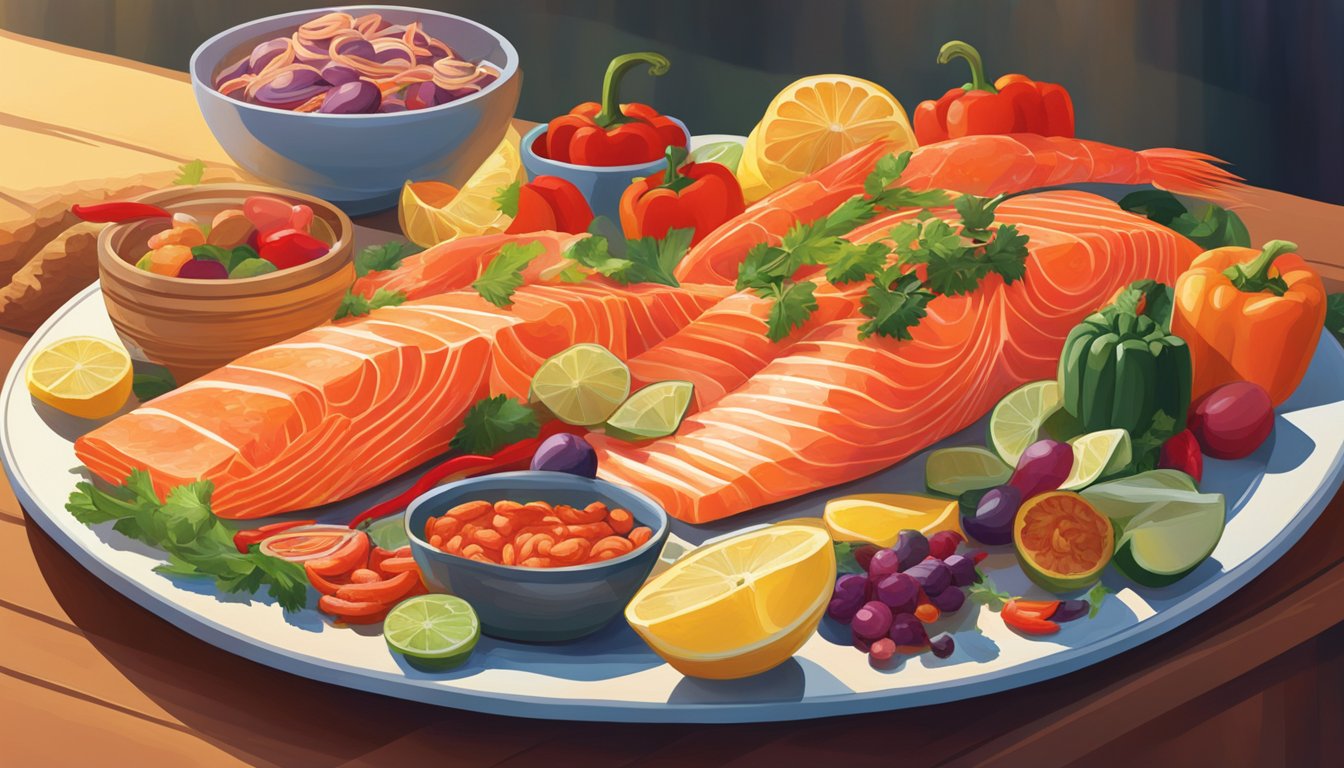 A colorful array of foods, including salmon, shrimp, and red peppers, are arranged on a table. A beam of light shines down, highlighting their vibrant hues