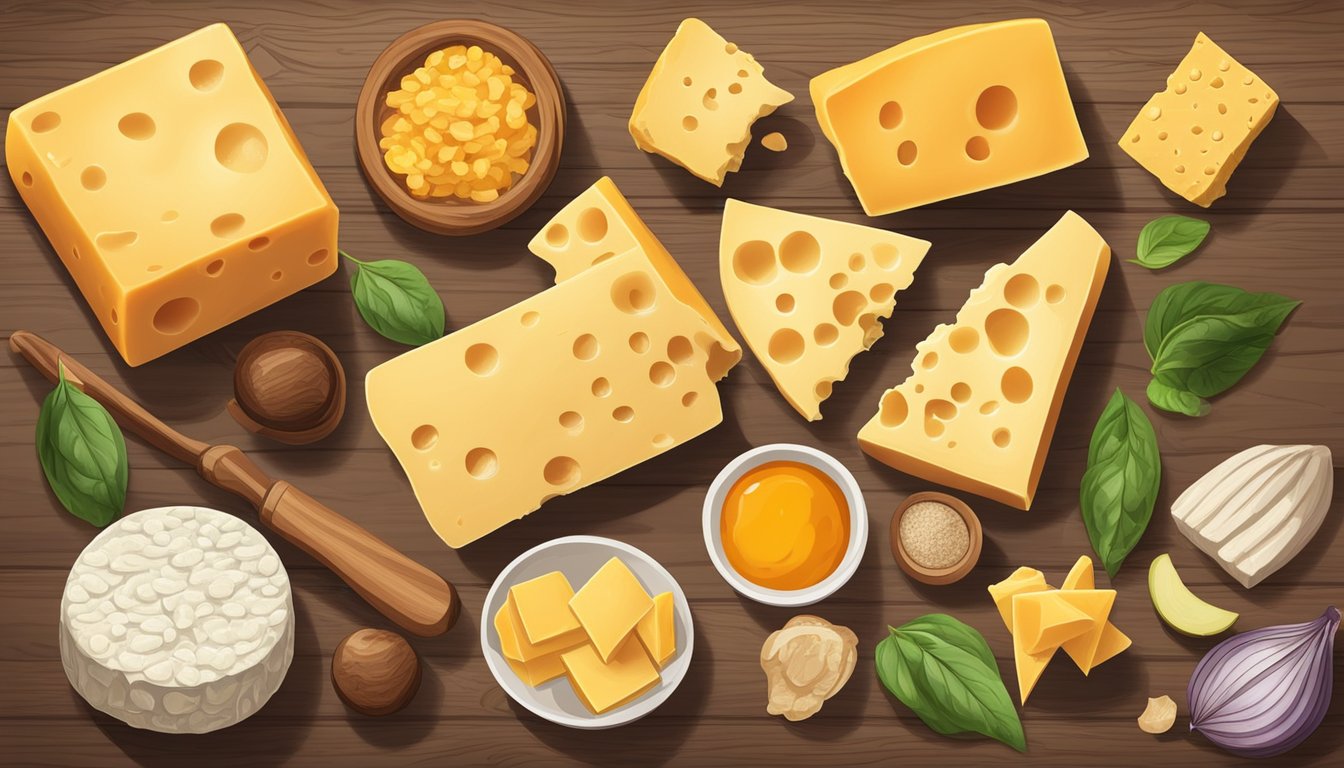 Aged cheddar cheese surrounded by other histamine-rich foods on a wooden cutting board