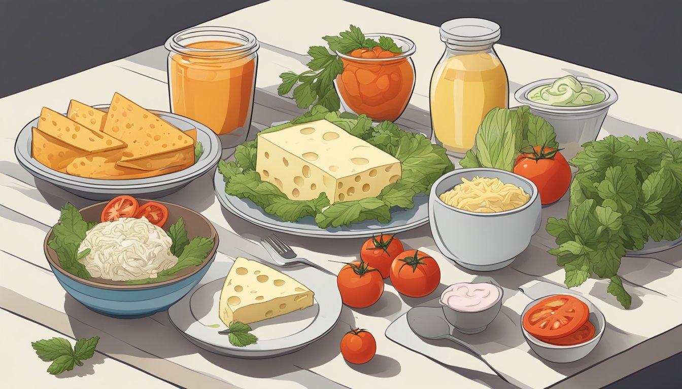 A table with a variety of foods including sauerkraut, tomatoes, cheese, and yogurt, all known to be high in histamine