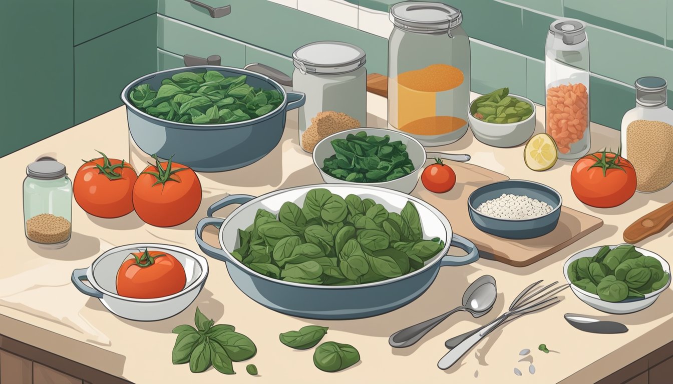 A kitchen counter with open cans of tuna, tomatoes, spinach, and other high histamine foods, surrounded by a few scattered kitchen utensils