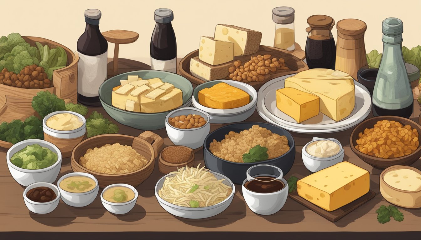 A table with various fermented soy products like miso, tempeh, and soy sauce surrounded by other high histamine foods like aged cheese and sauerkraut