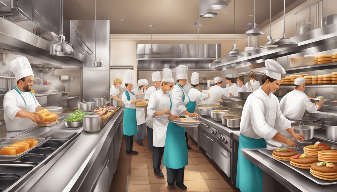 A bustling restaurant kitchen with chefs preparing decadent desserts and a busy dining area filled with satisfied customers enjoying sweet treats