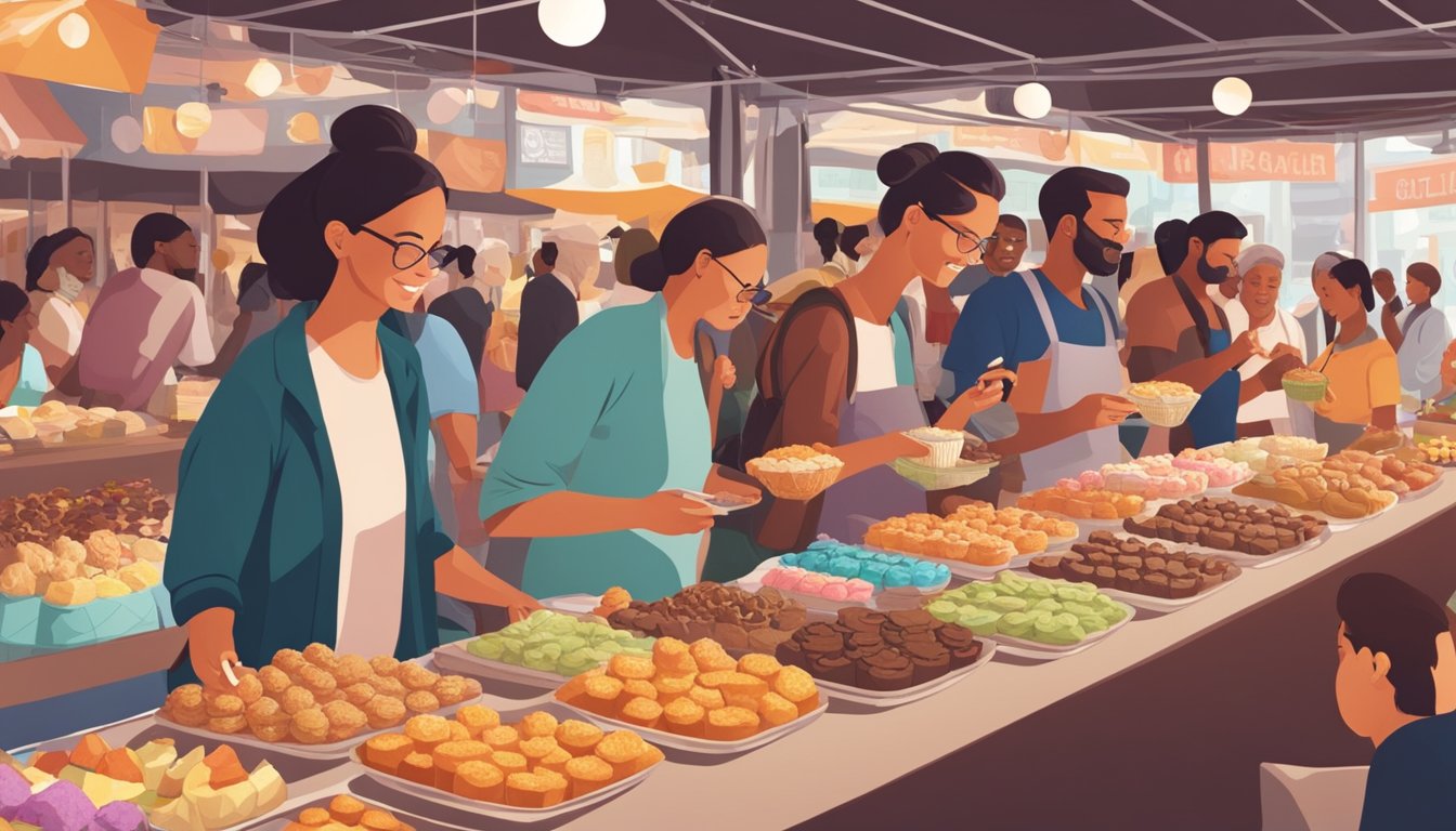 A group of diverse people sampling and enjoying various types of sweet treats at a bustling food market