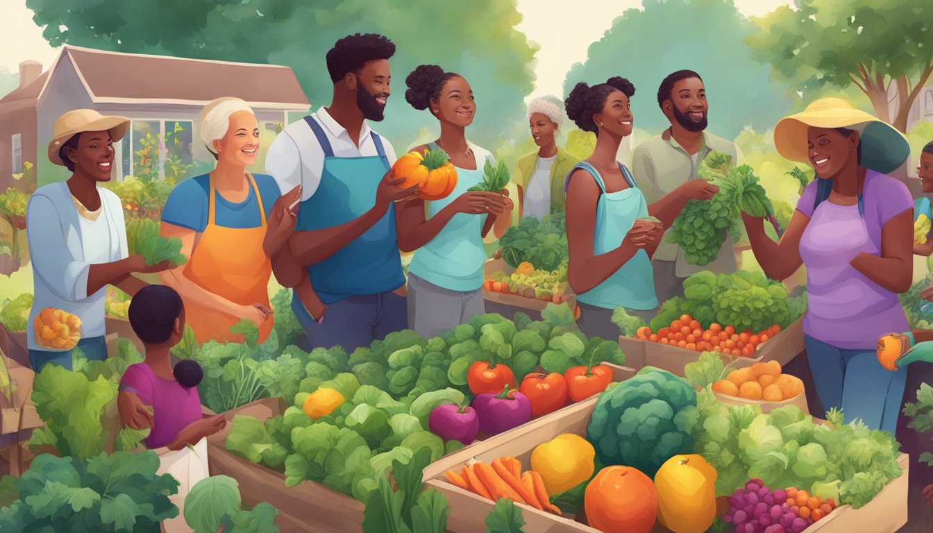 A diverse group of people gather around a vibrant community garden, sharing fresh fruits and vegetables with each other