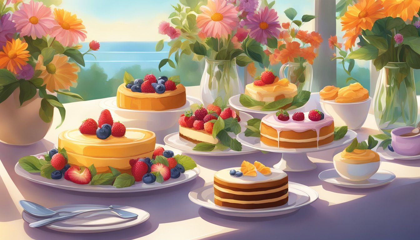 A table set with an assortment of desserts, surrounded by vibrant flowers and foliage. The sunlight casts a warm glow over the scene